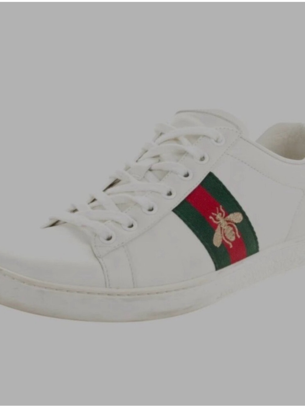 Gucci White Leather Sneaker with Green & Red Stripe and Bee Motif Ace